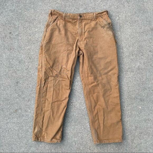 Carhartt flannel lined tan canvas Duck Dungaree Fit Pants 40x30 B111 BRN - Picture 1 of 6